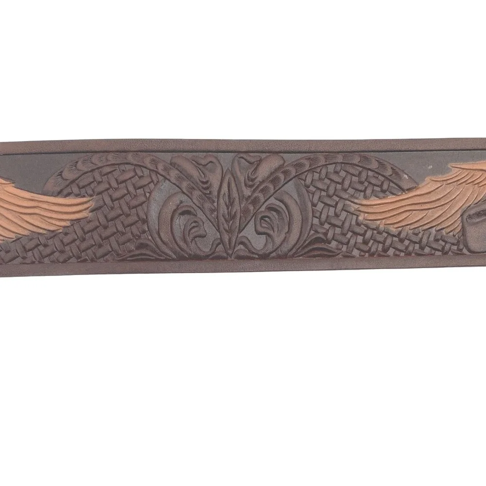 Vintage Western Belt Mens 50 Brown Top Grain Leather Tooled Eagle Brass Buckle